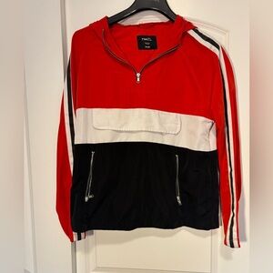 Rue 21 quarter zip windbreaker jacket. Men’s size small. Red, white,black stripe